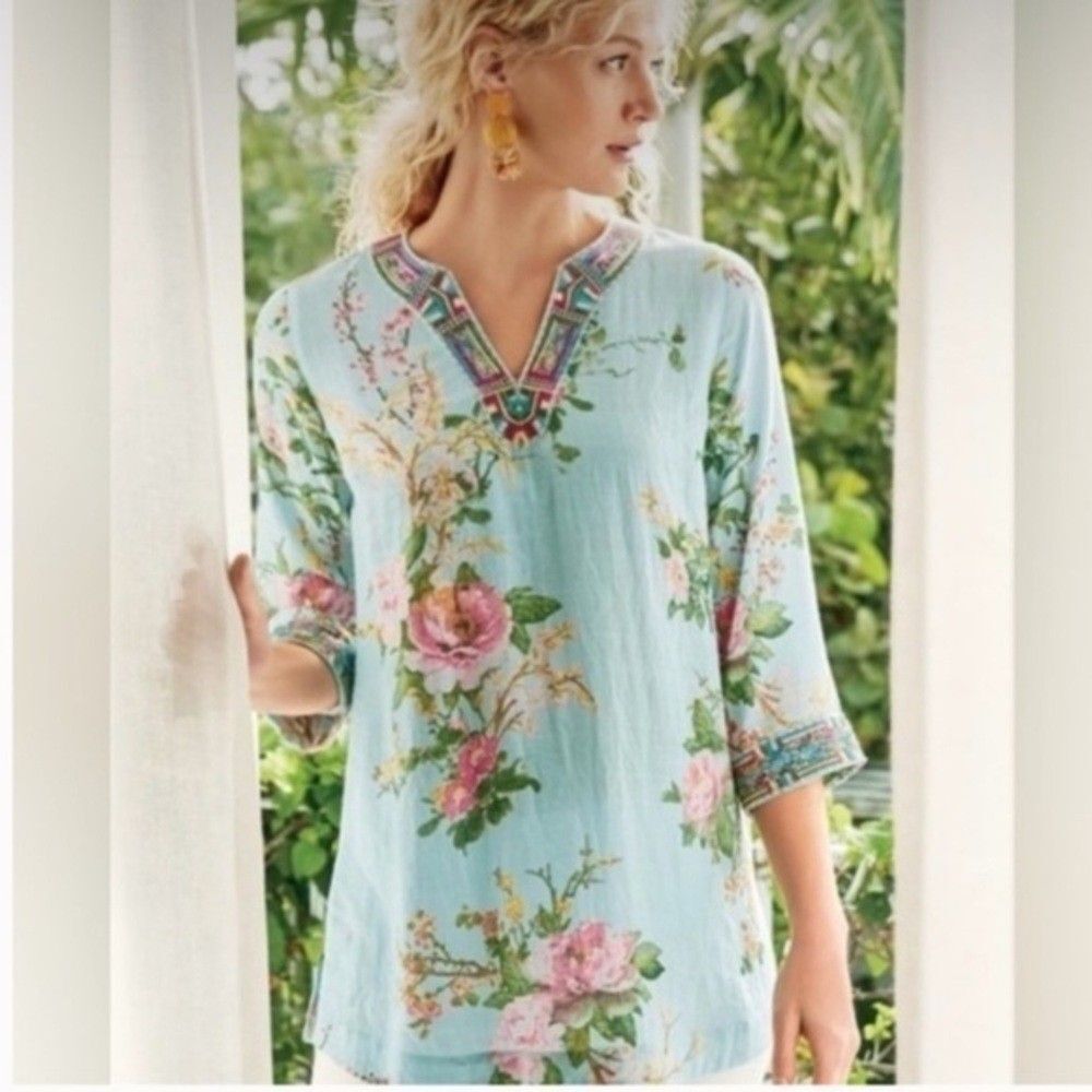 Soft Surroundings Merielle Blue Floral Tunic PL Embroidered Shimmer Boho EUC